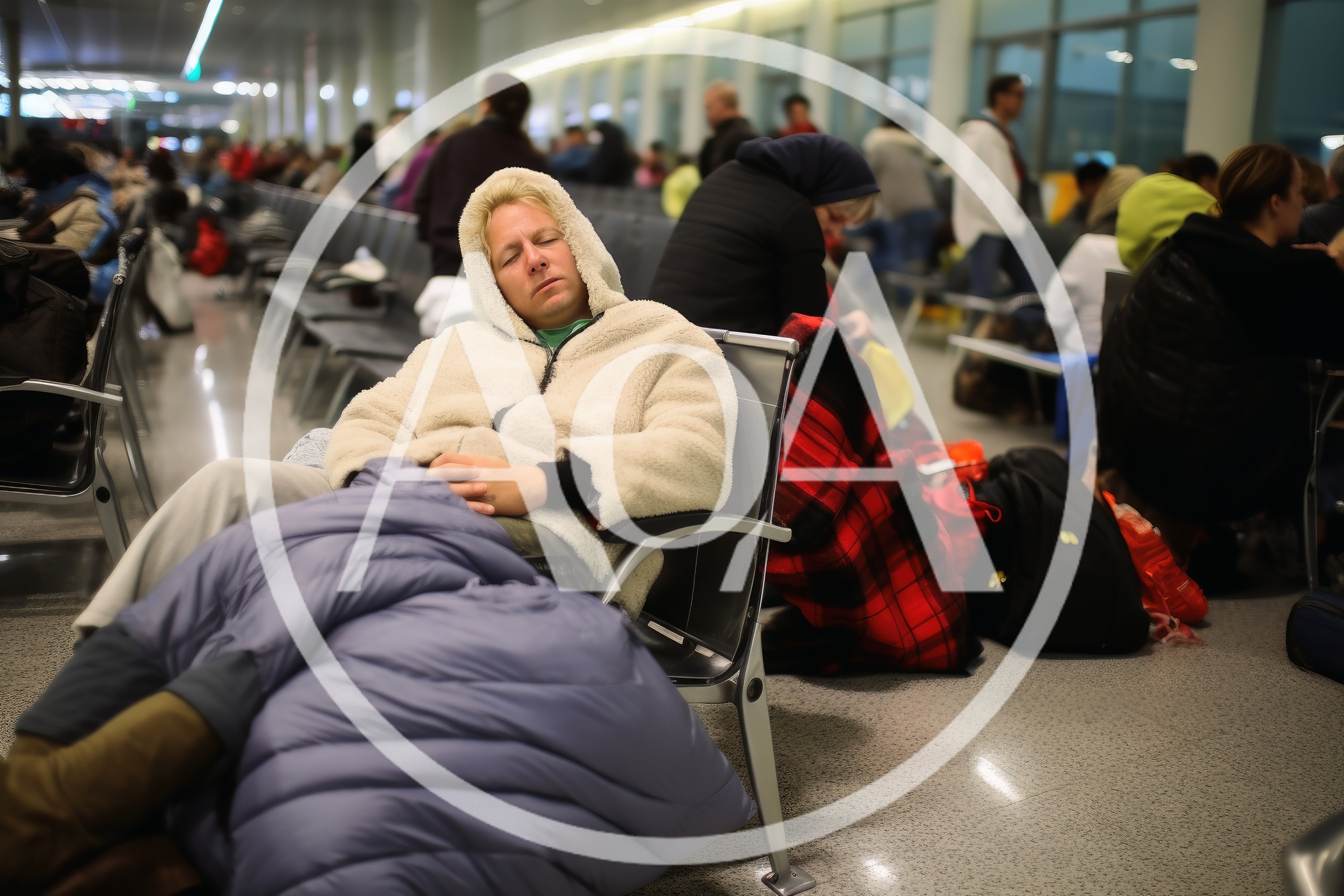 Traveler Sleeping in Airport Terminal Waiting Area
