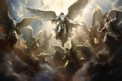Angelic Host Descending From Heavens In Divine Battle