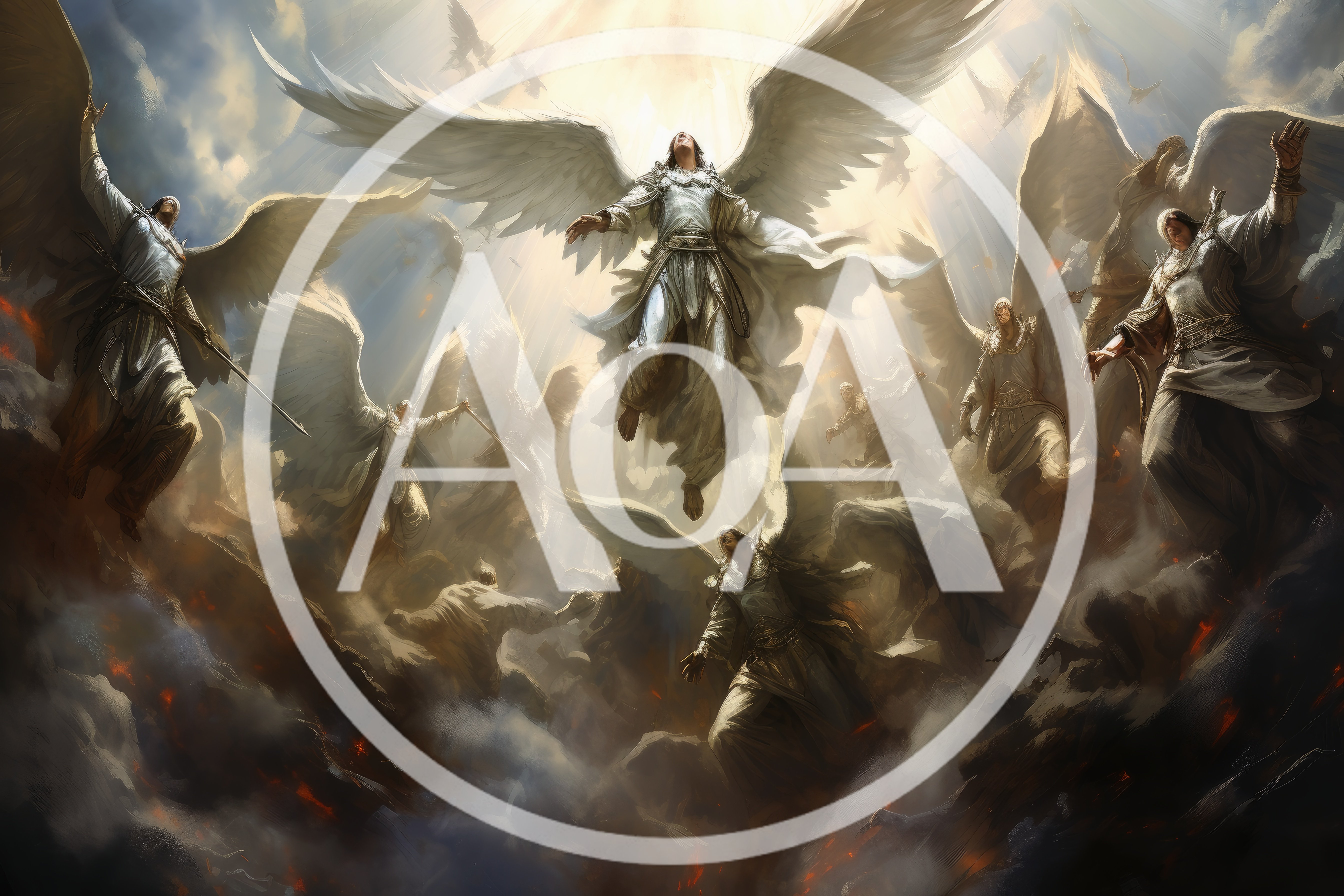 Angelic Host Descending From Heavens In Divine Battle