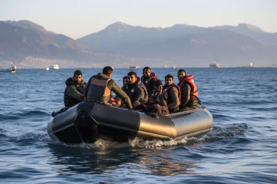 Group Of Migrants Traveling In An Inflatable Rubber Boat