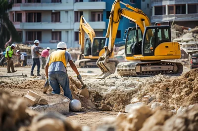 Construction Workers Digging at a Building Site