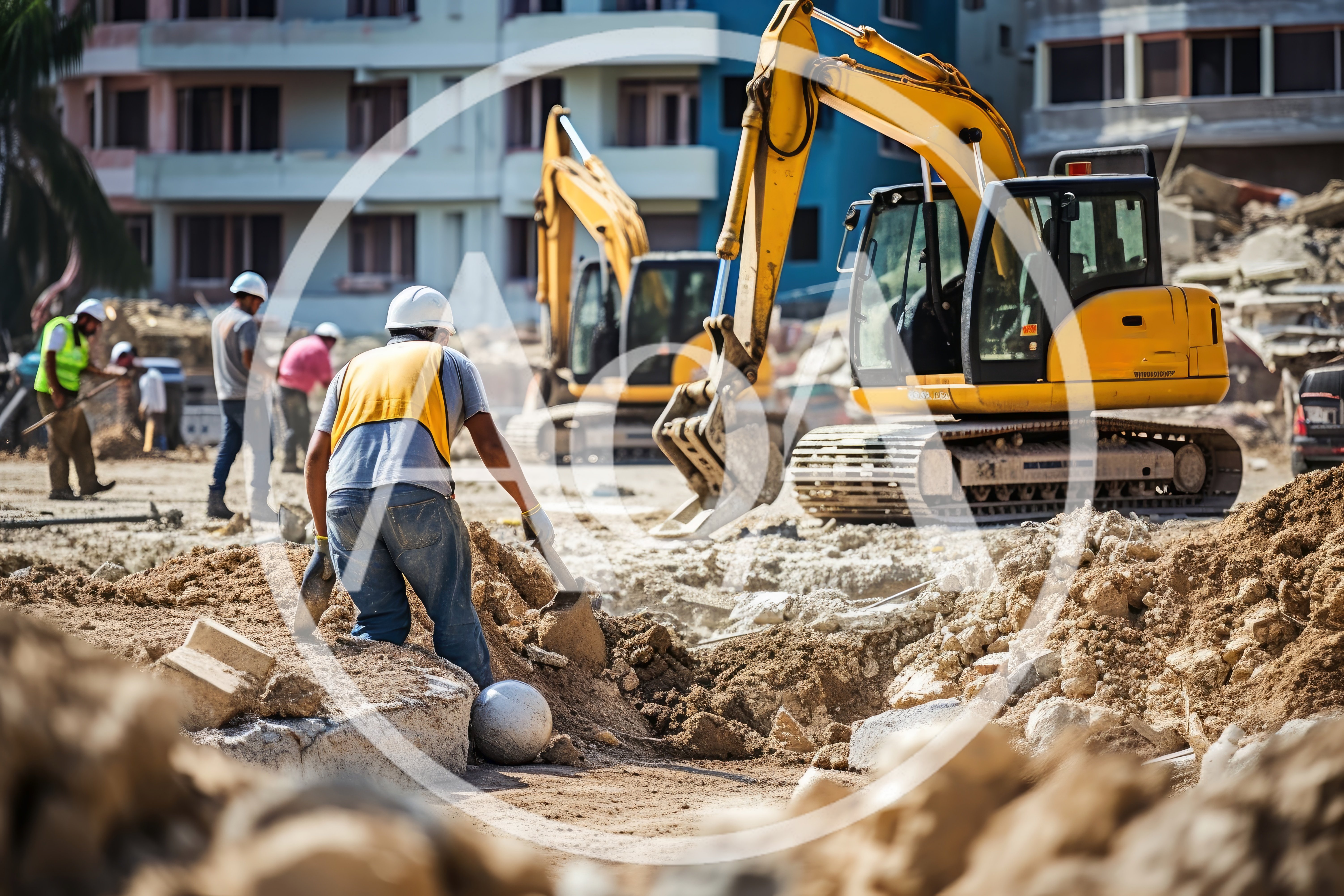 Construction Workers Digging at a Building Site