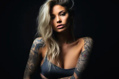 Portrait Of A Blonde Woman With Extensive Arm Tattoos