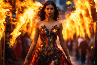 Fashion Model Walking Through Intense Fire Flames