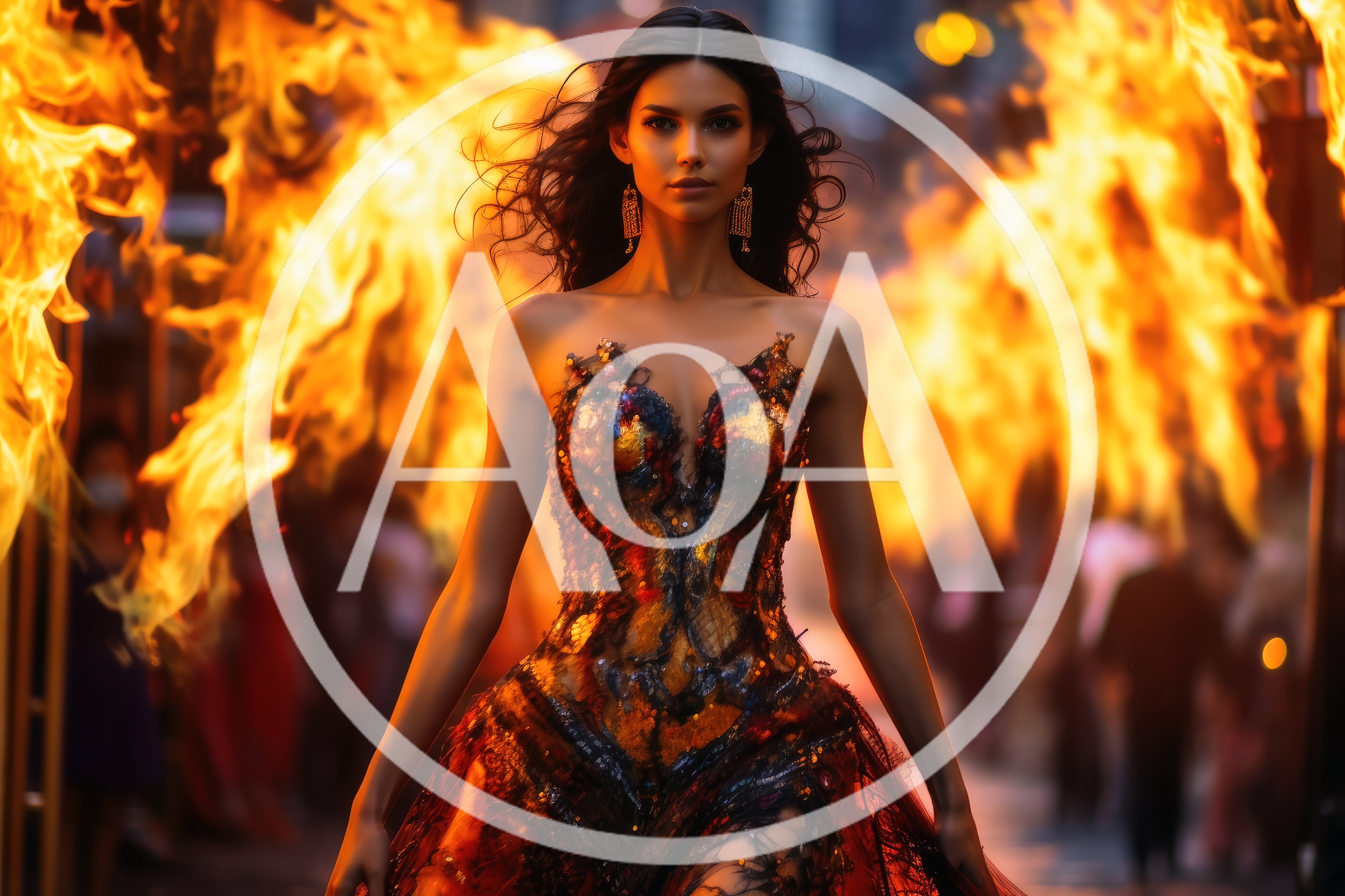 Fashion Model Walking Through Intense Fire Flames