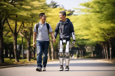 Man Walking With A Cyborg Friend In A Park
