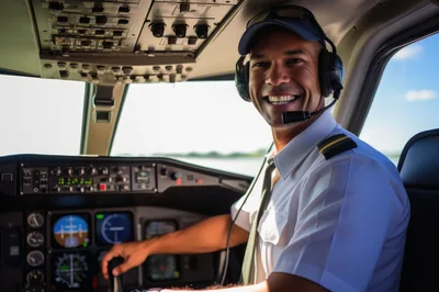 Smiling Pilot Operating Aircraft Controls In Cockpit