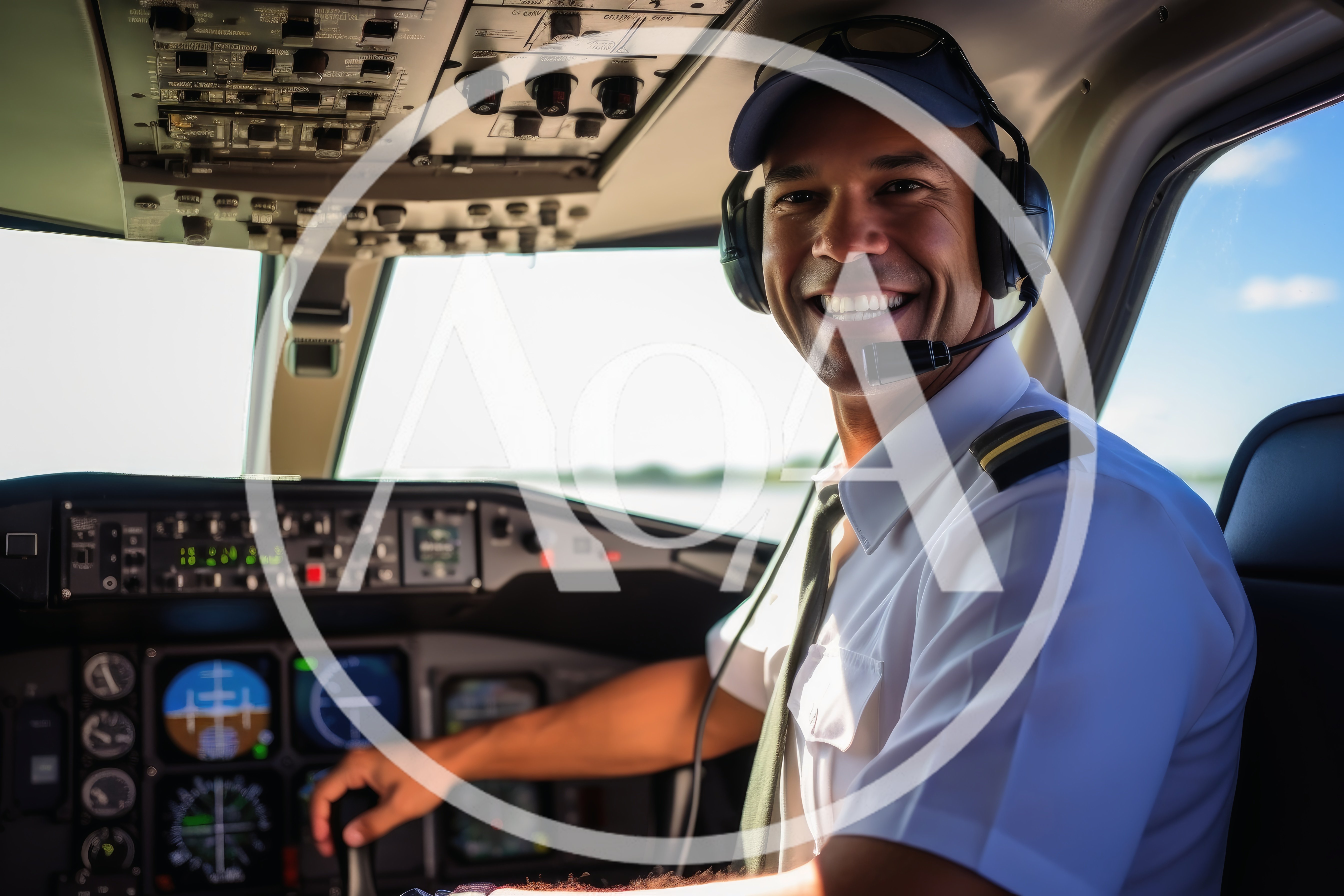 Smiling Pilot Operating Aircraft Controls In Cockpit