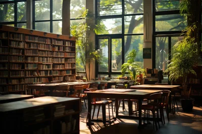 Sunlit Library Interior With Bookshelves And Study Tables