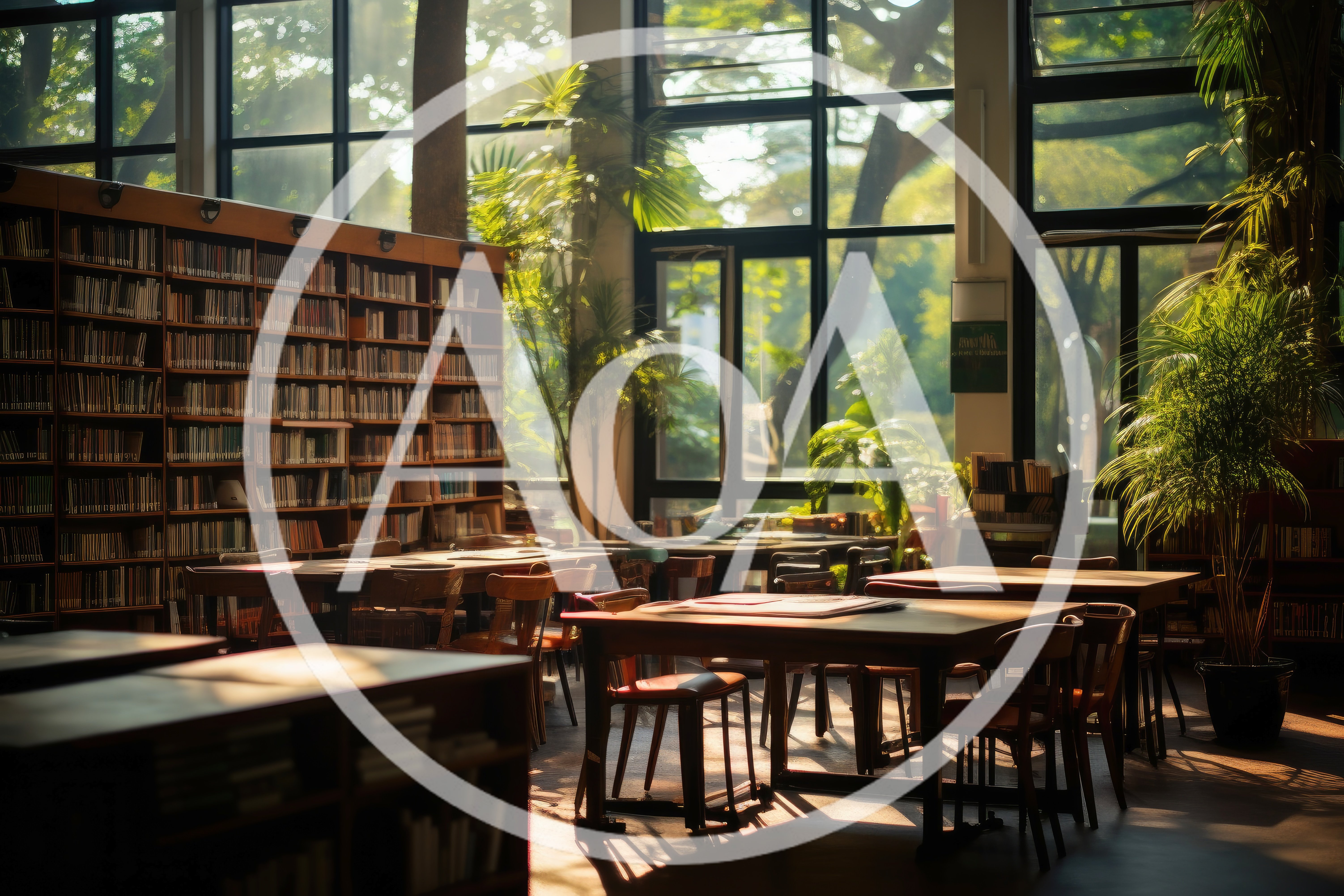Sunlit Library Interior With Bookshelves And Study Tables