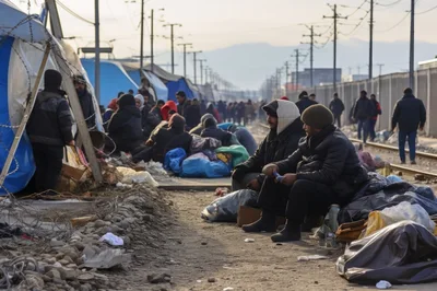 Refugees Sitting Near Tents In A Temporary Camp