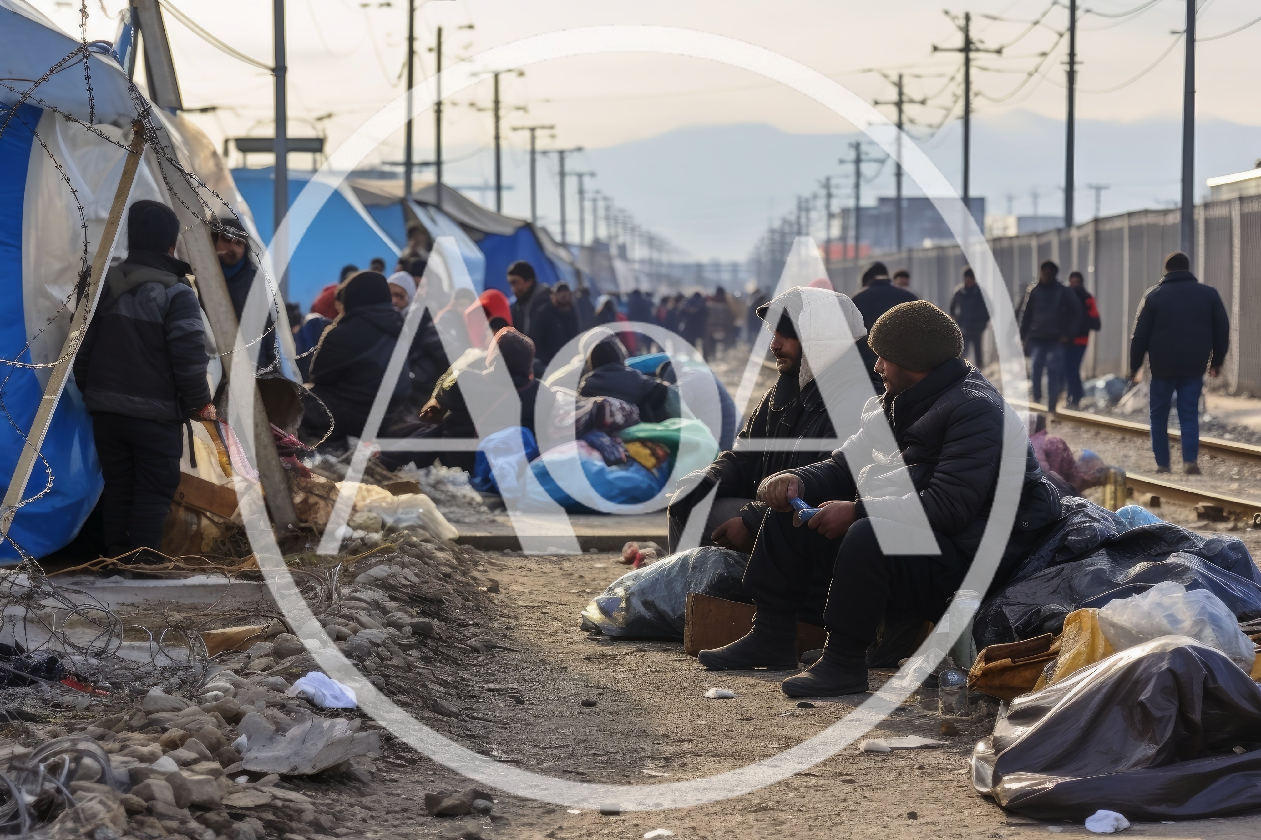 Refugees Sitting Near Tents In A Temporary Camp