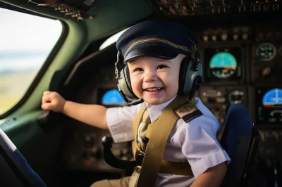 Happy Baby Pilot Sitting In Airplane Cockpit
