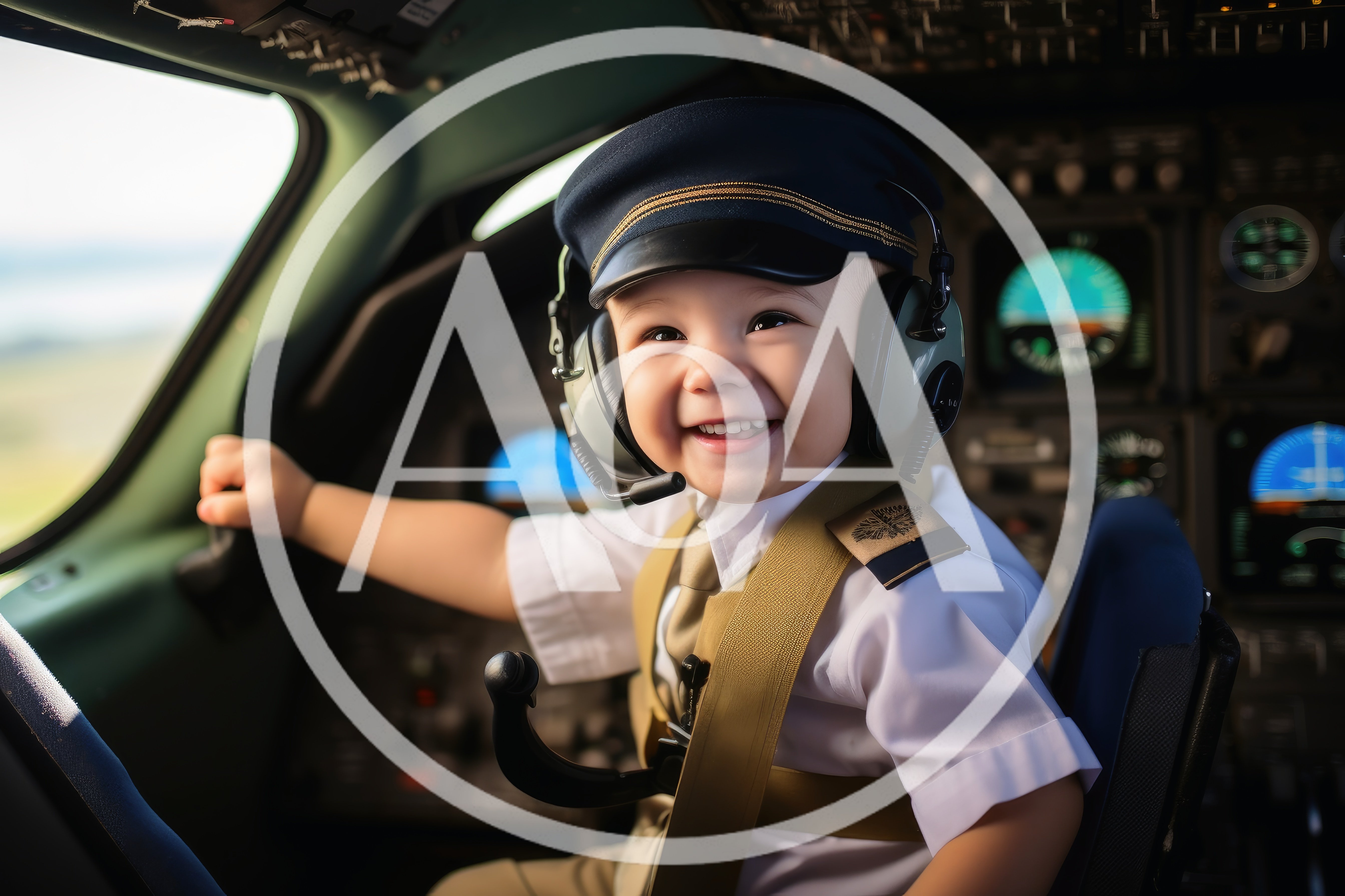 Happy Baby Pilot Sitting In Airplane Cockpit