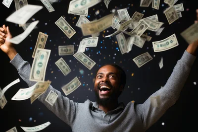 Excited Man Celebrating Success Under Falling Money