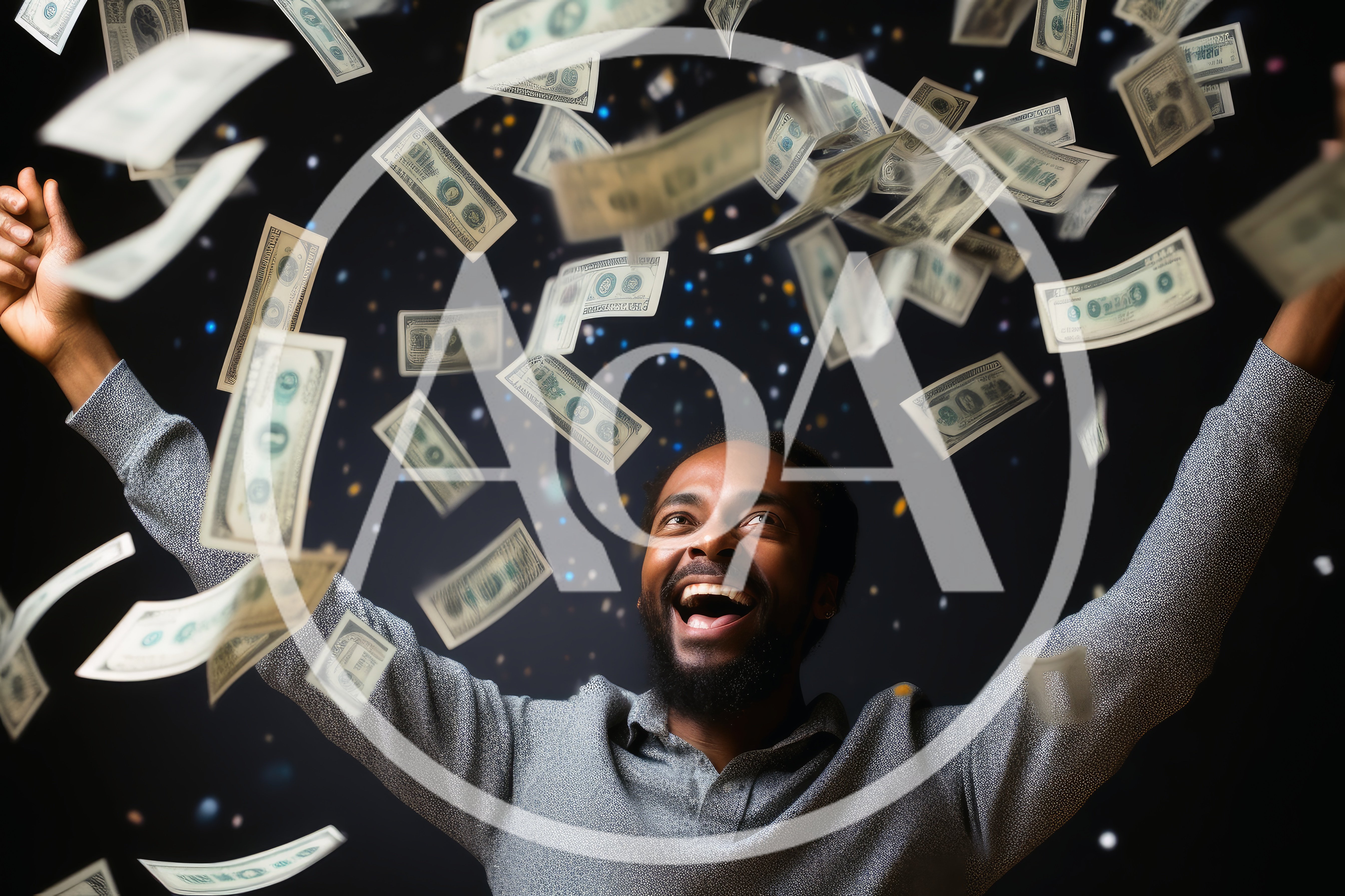 Excited Man Celebrating Success Under Falling Money