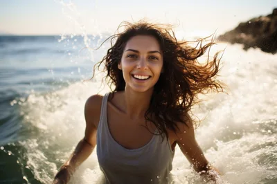Happy Woman Playing In Ocean Waves At Sunset