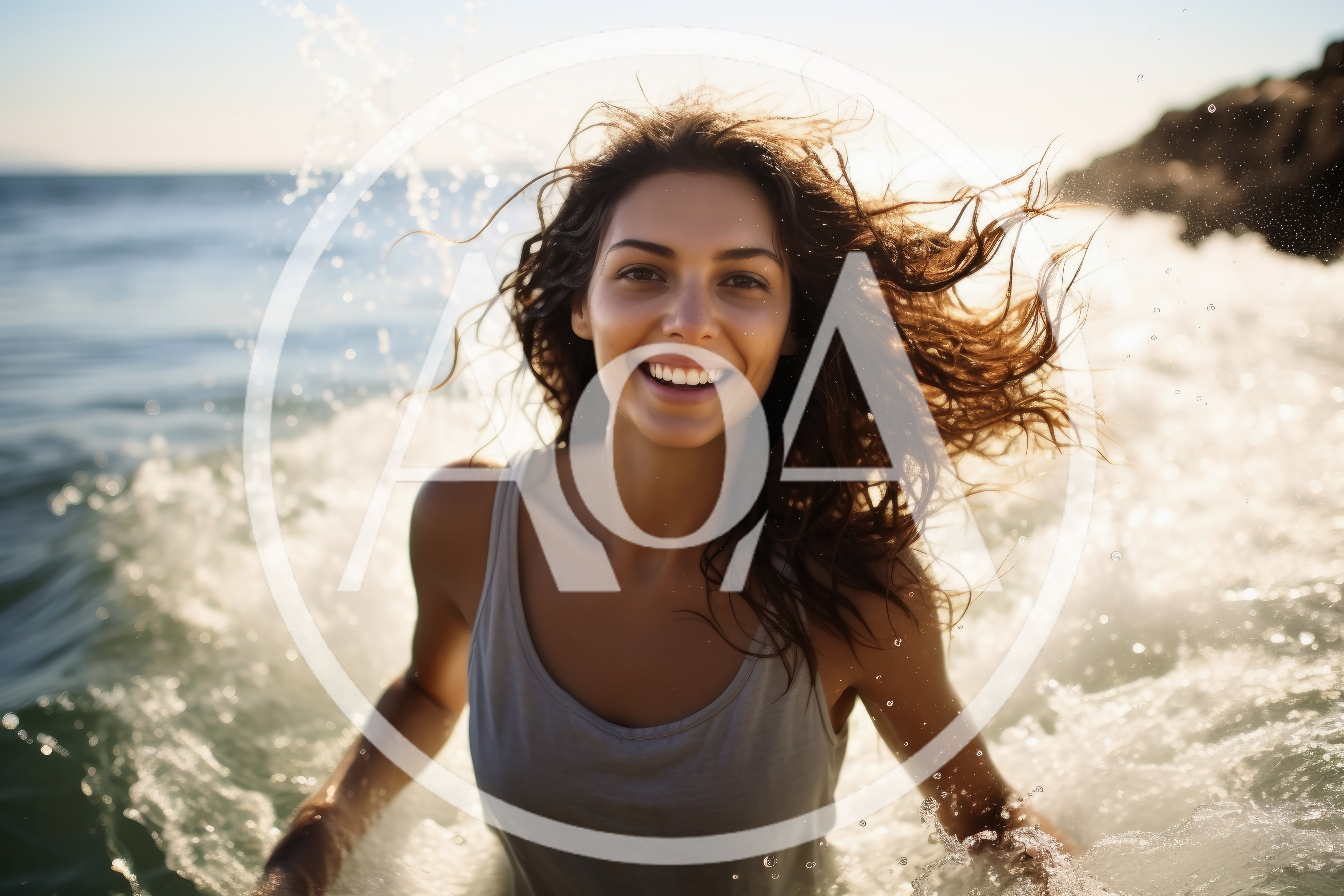Happy Woman Playing In Ocean Waves At Sunset