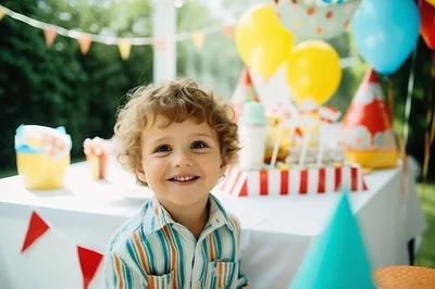 Happy Toddler Boy Celebrating Birthday Party Outdoors