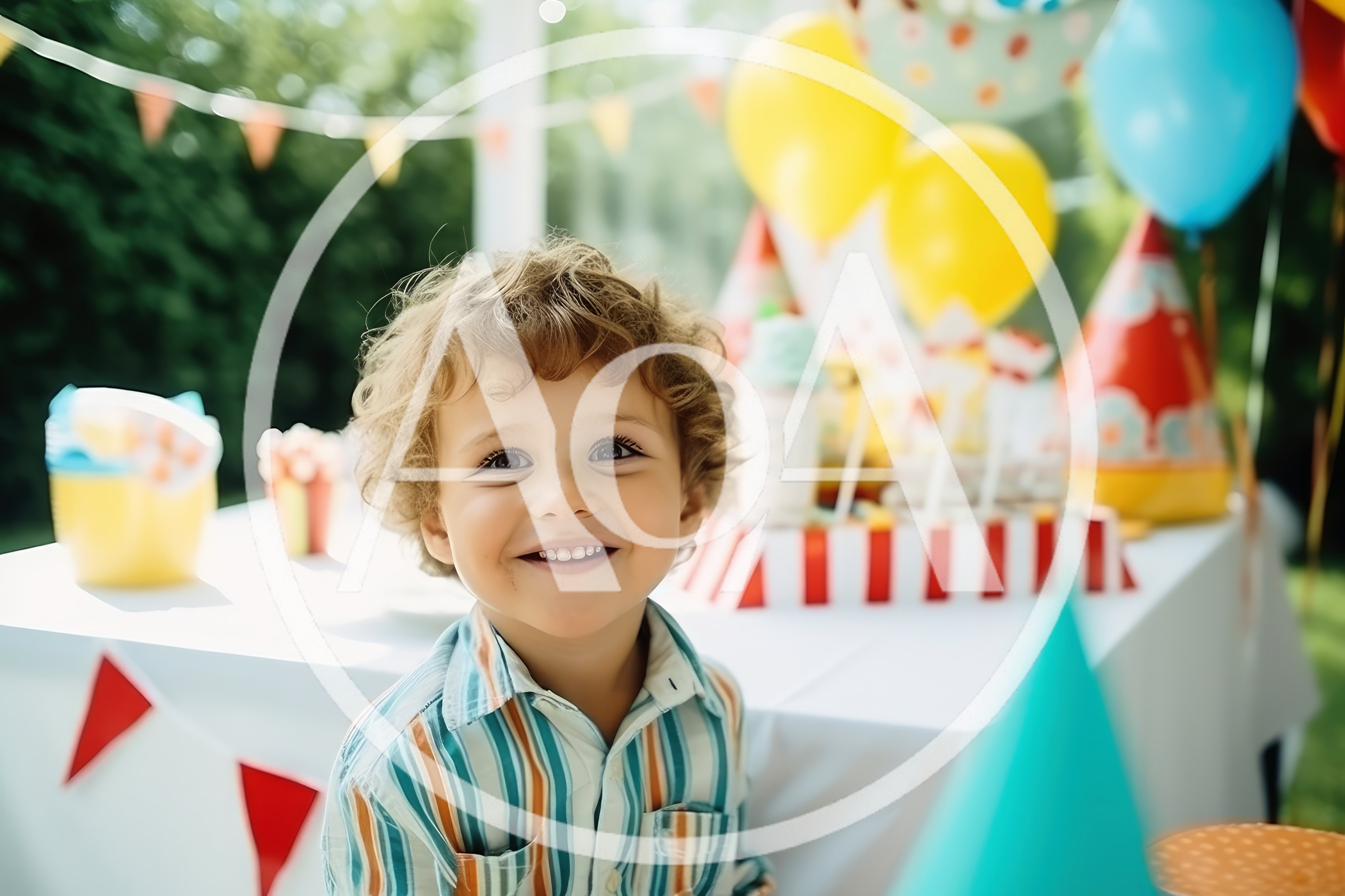 Happy Toddler Boy Celebrating Birthday Party Outdoors