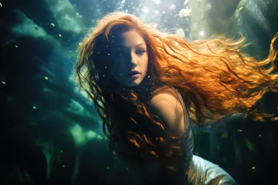 Redheaded Woman Swimming Underwater In A Dreamy Setting