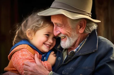 Elderly Man Embracing His Young Granddaughter