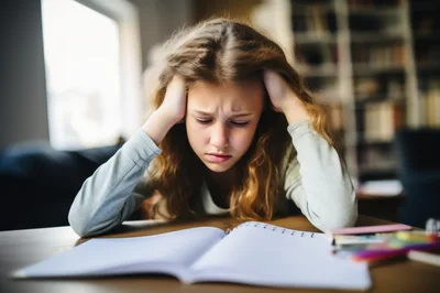 Stressed Young Girl Studying at Home Desk