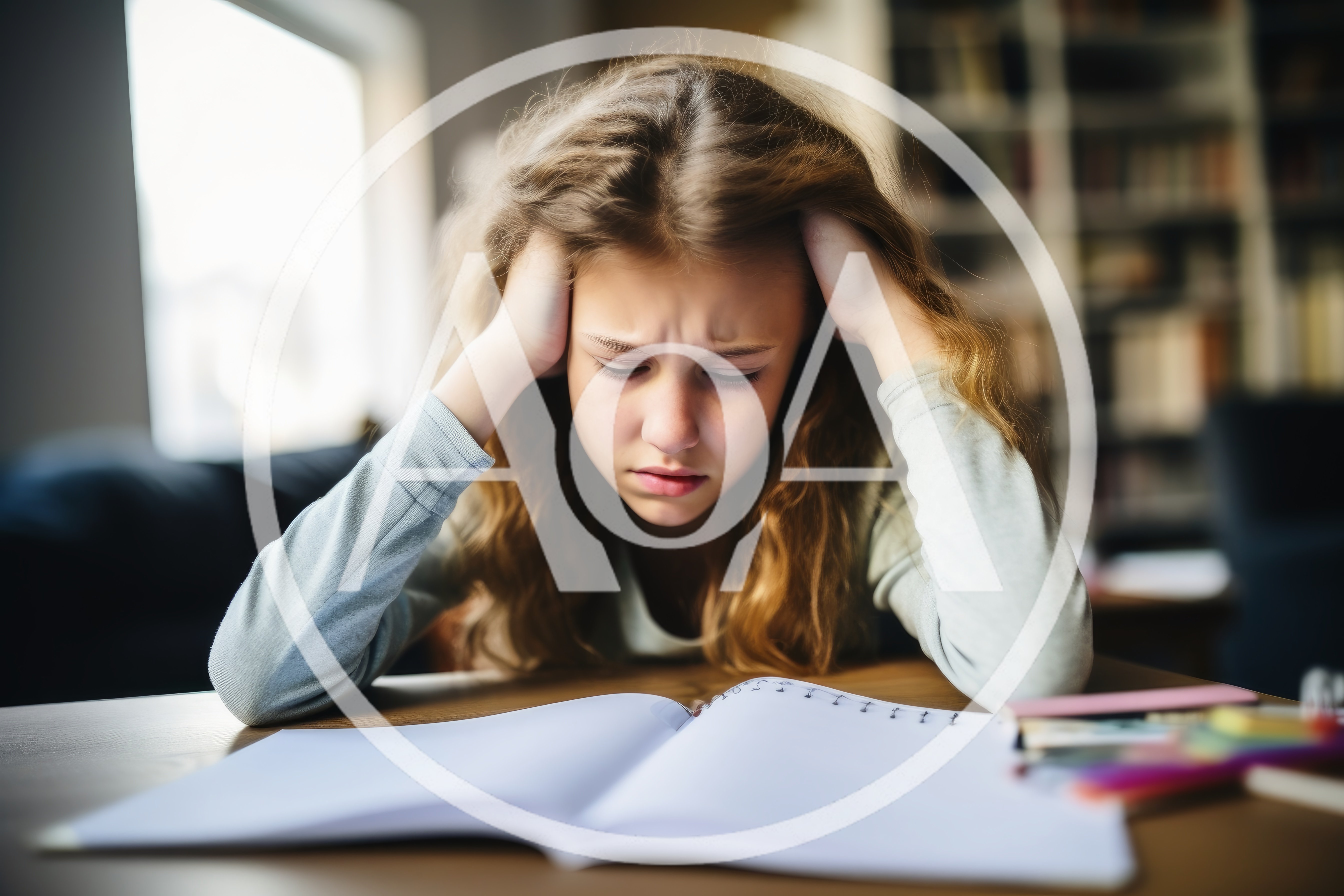 Stressed Young Girl Studying at Home Desk