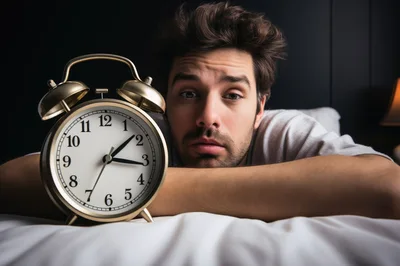 Tired Man Lying In Bed With Alarm Clock