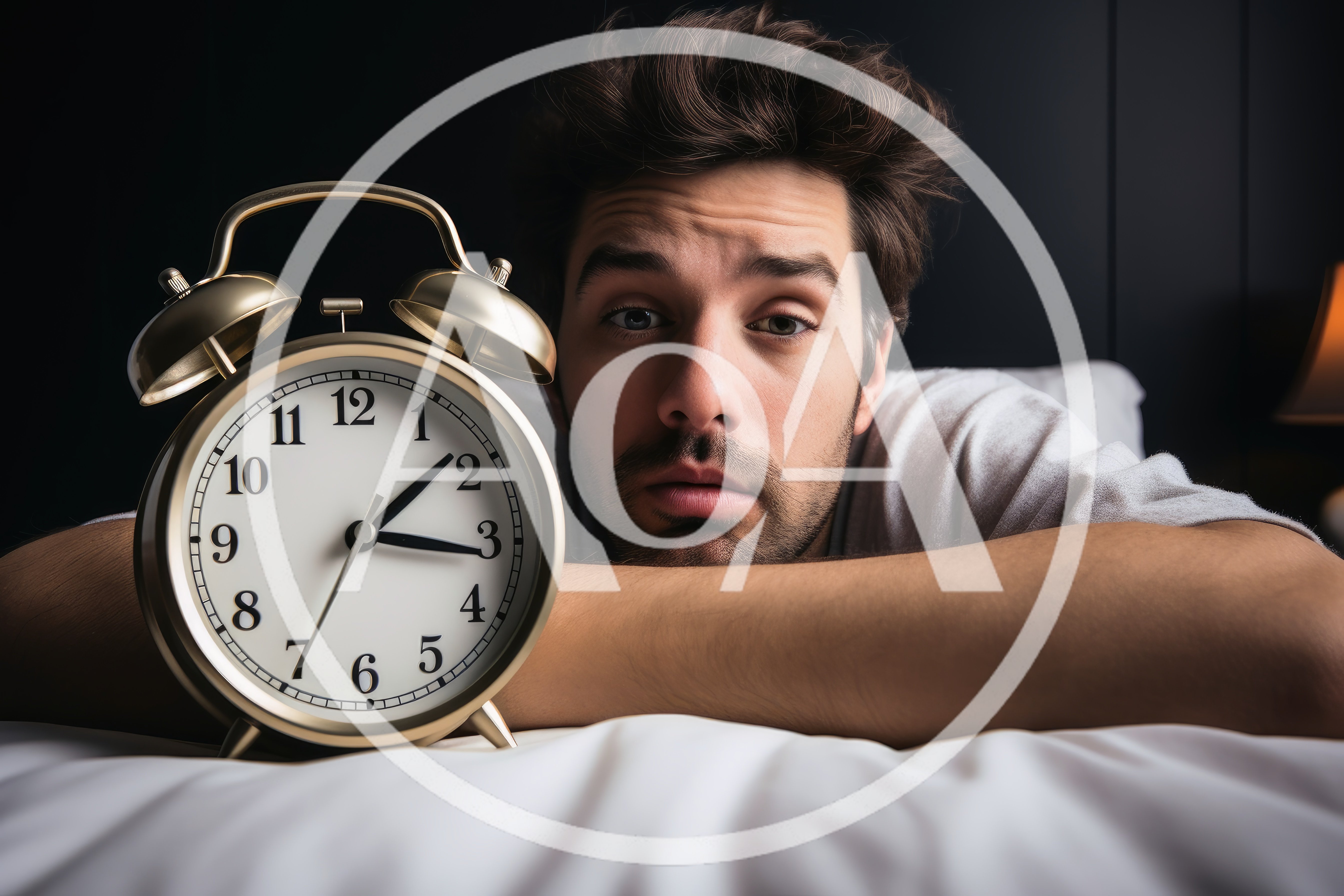 Tired Man Lying In Bed With Alarm Clock