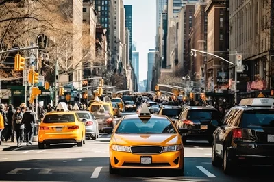 Yellow Taxi Cabs Driving Through Busy New York City