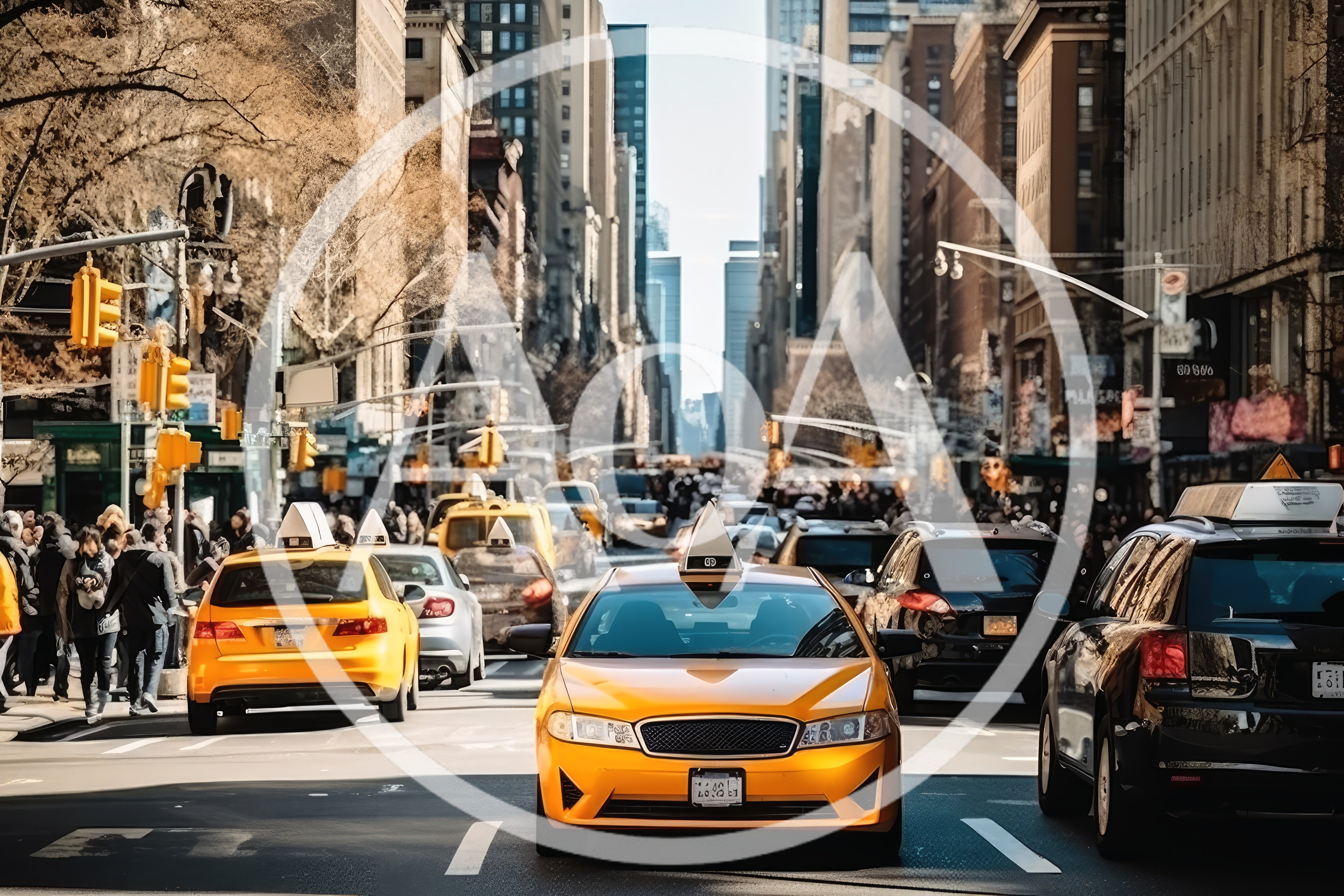 Yellow Taxi Cabs Driving Through Busy New York City