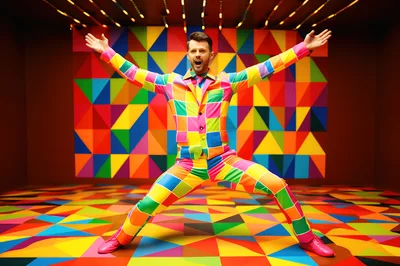 Man In Colorful Geometric Suit Posing In Vibrant Studio