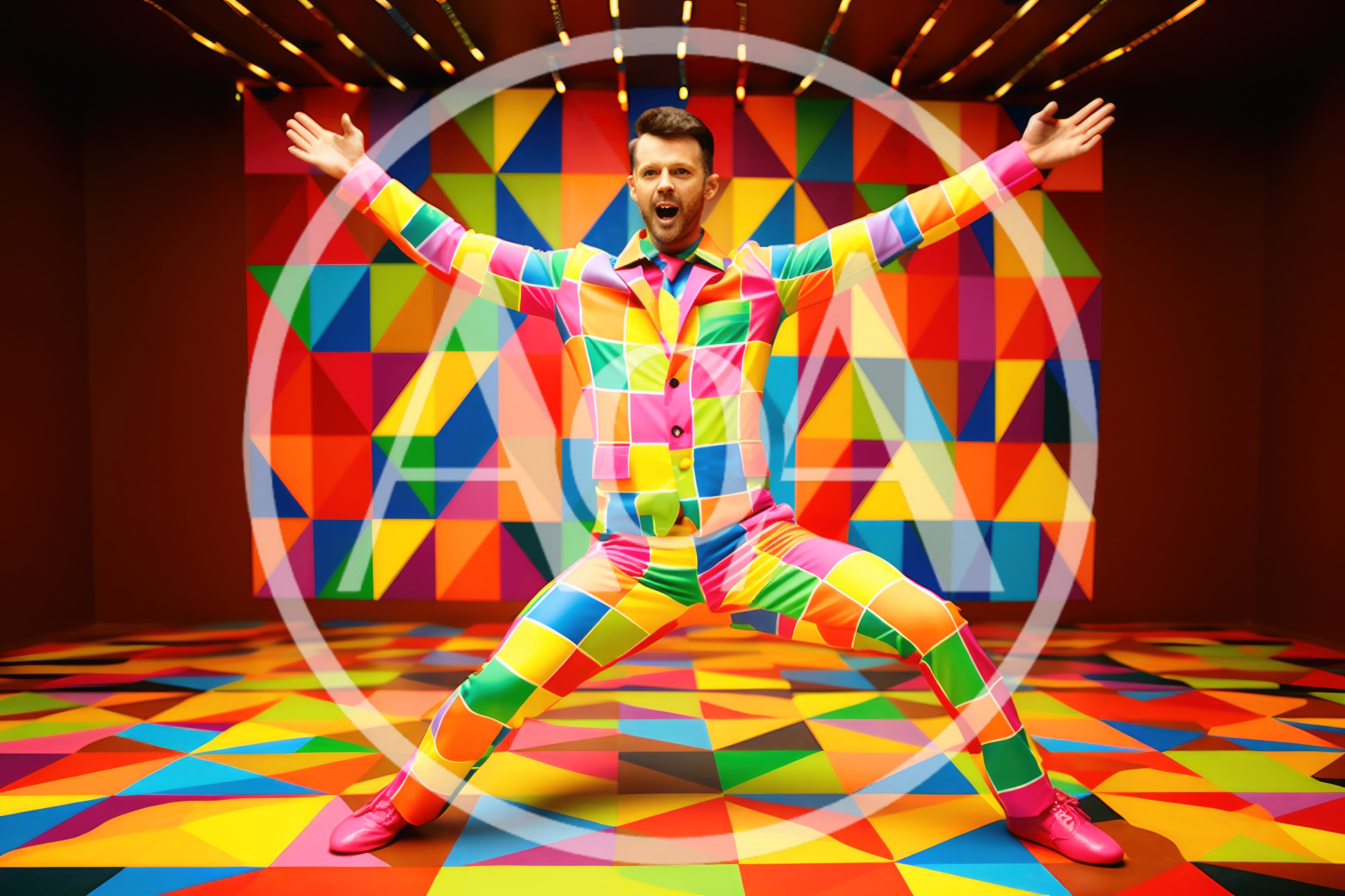 Man In Colorful Geometric Suit Posing In Vibrant Studio