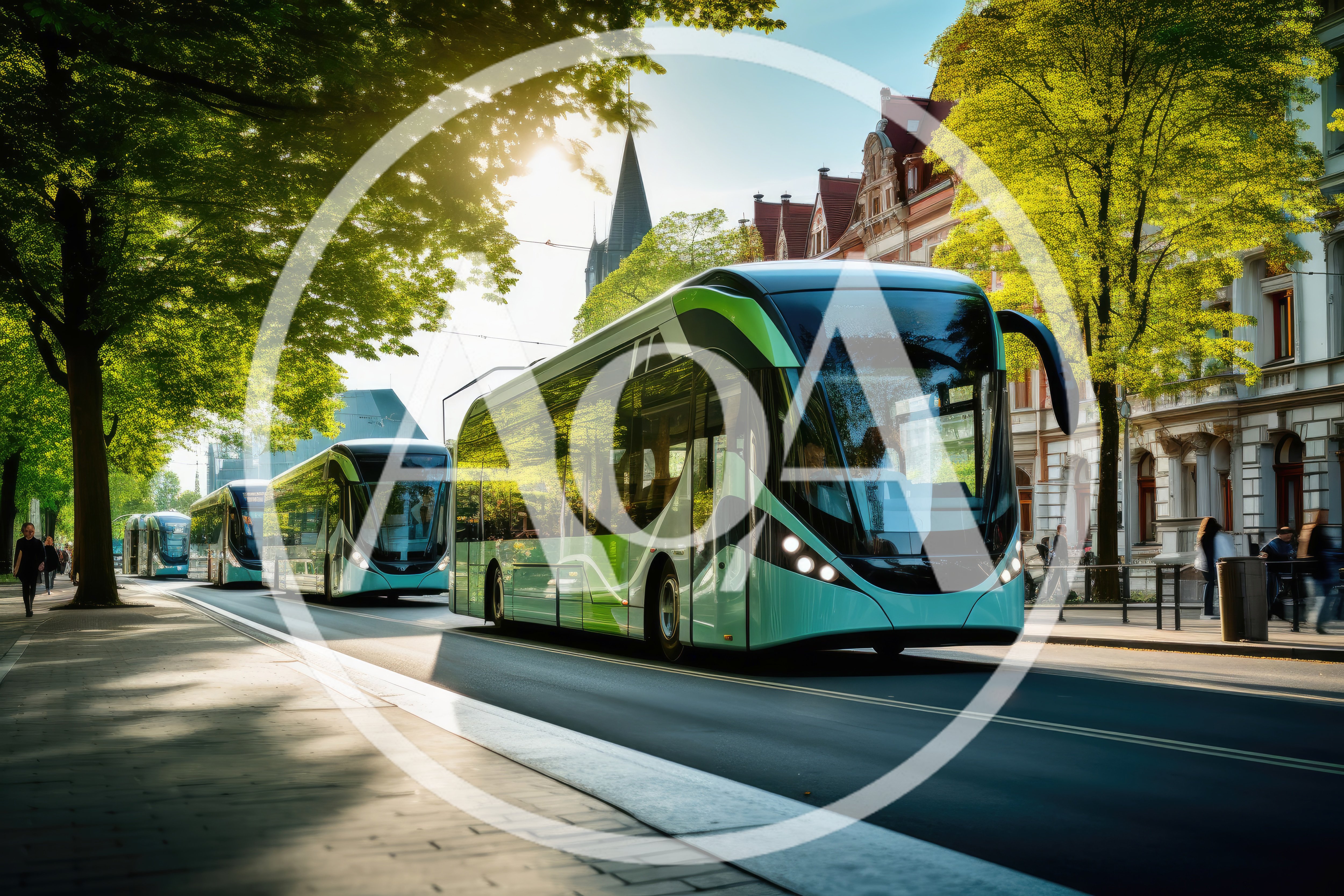 Modern Electric Buses Driving Along A Sunny City Street