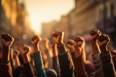 Diverse Crowd Raising Fists in Protest
