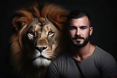 Portrait Of A Man With A Majestic Lion