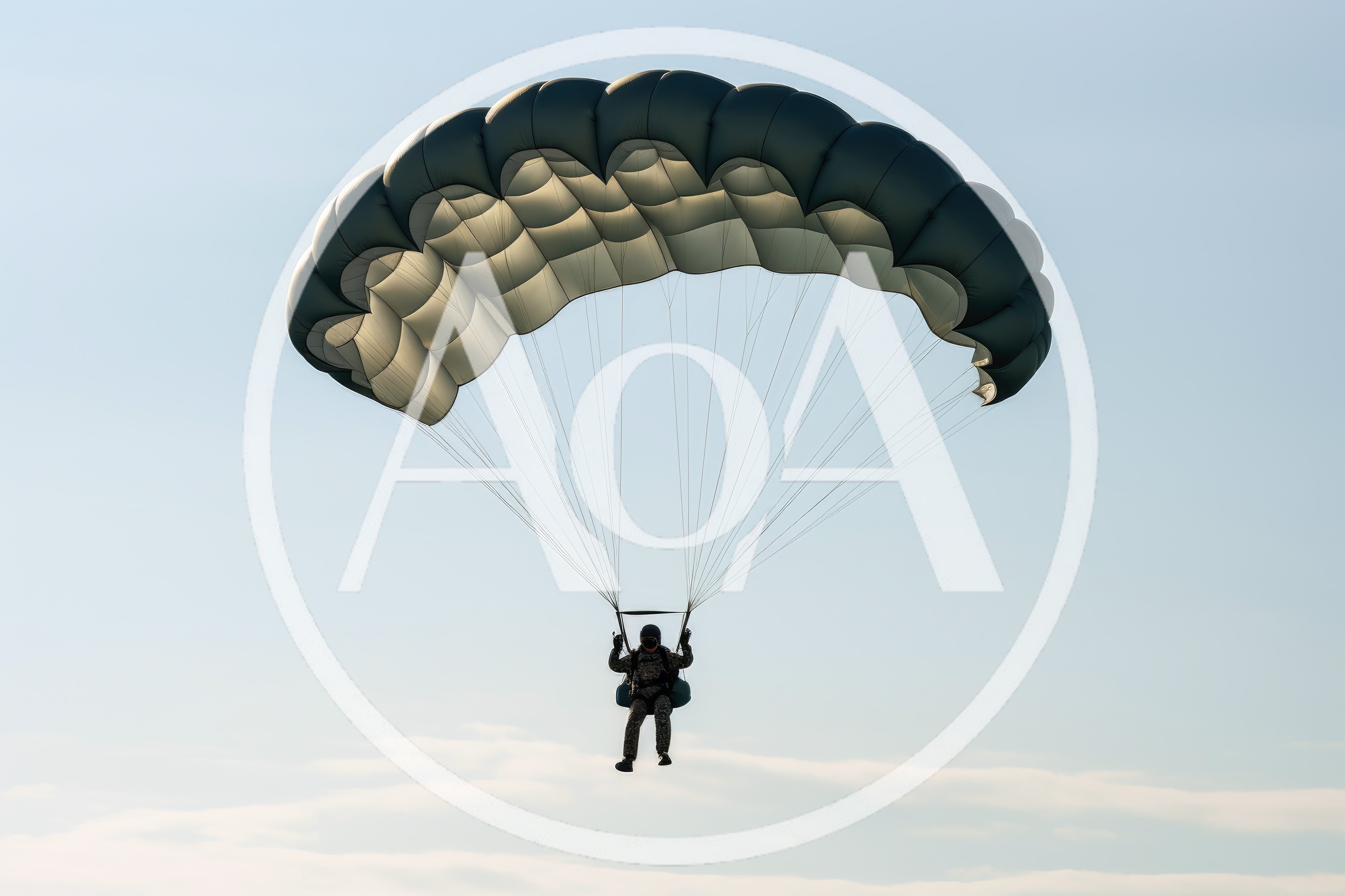 Military Paratrooper Descending With Tactical Canopy