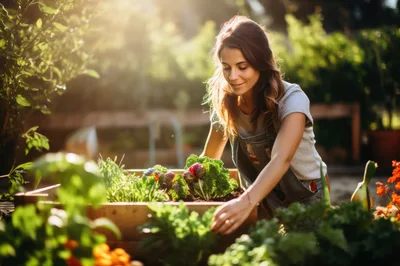 Young Woman Gardening In A Sunny Vegetable Patch