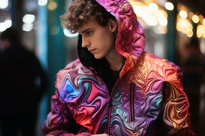 Young Man Wearing Vibrant Abstract Patterned Hoodie