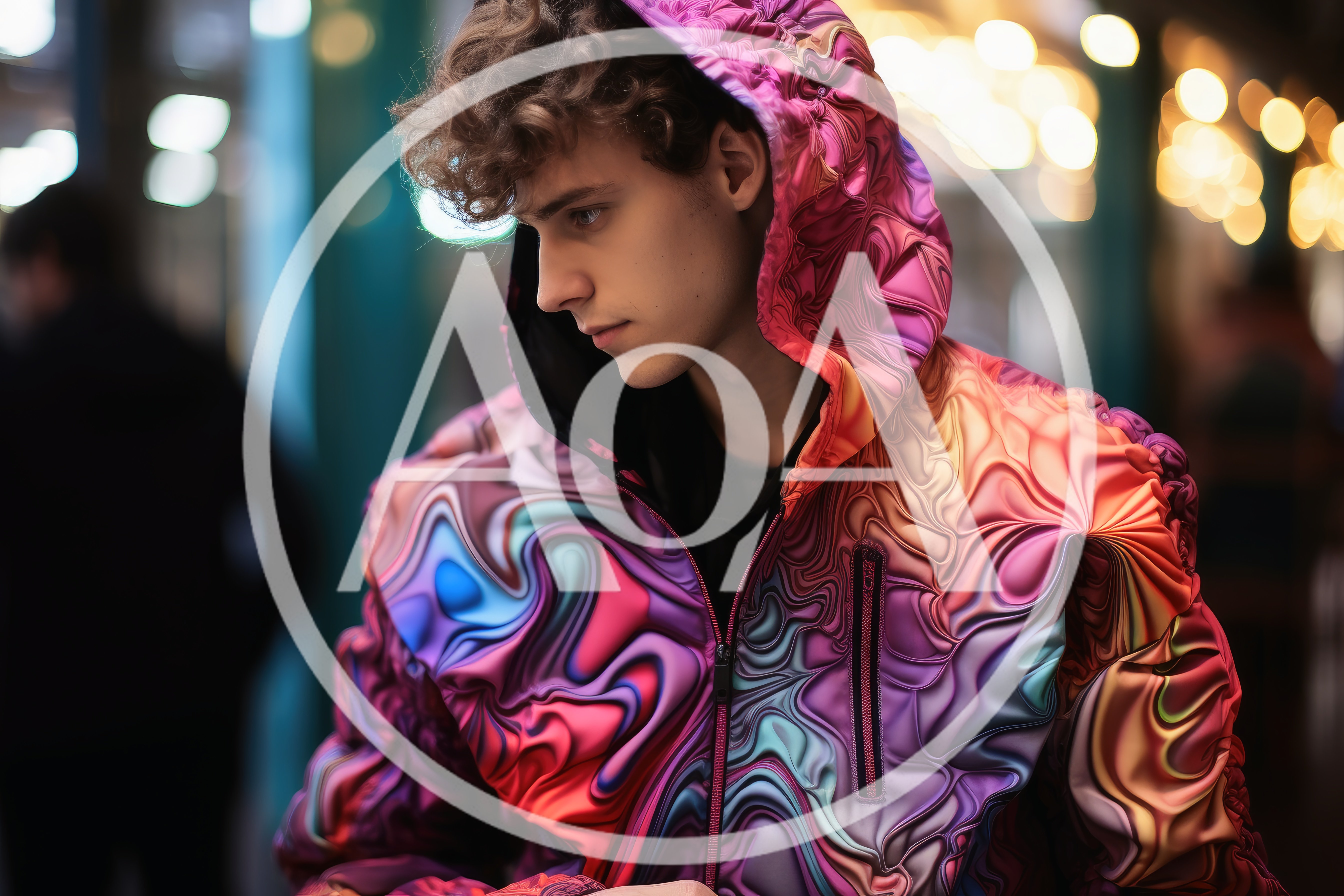 Young Man Wearing Vibrant Abstract Patterned Hoodie