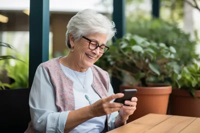 Senior Woman Smiling While Using Her Smartphone