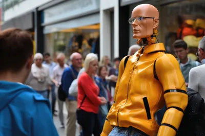 Humanoid Robot Wearing Glasses Standing In A Crowded Street