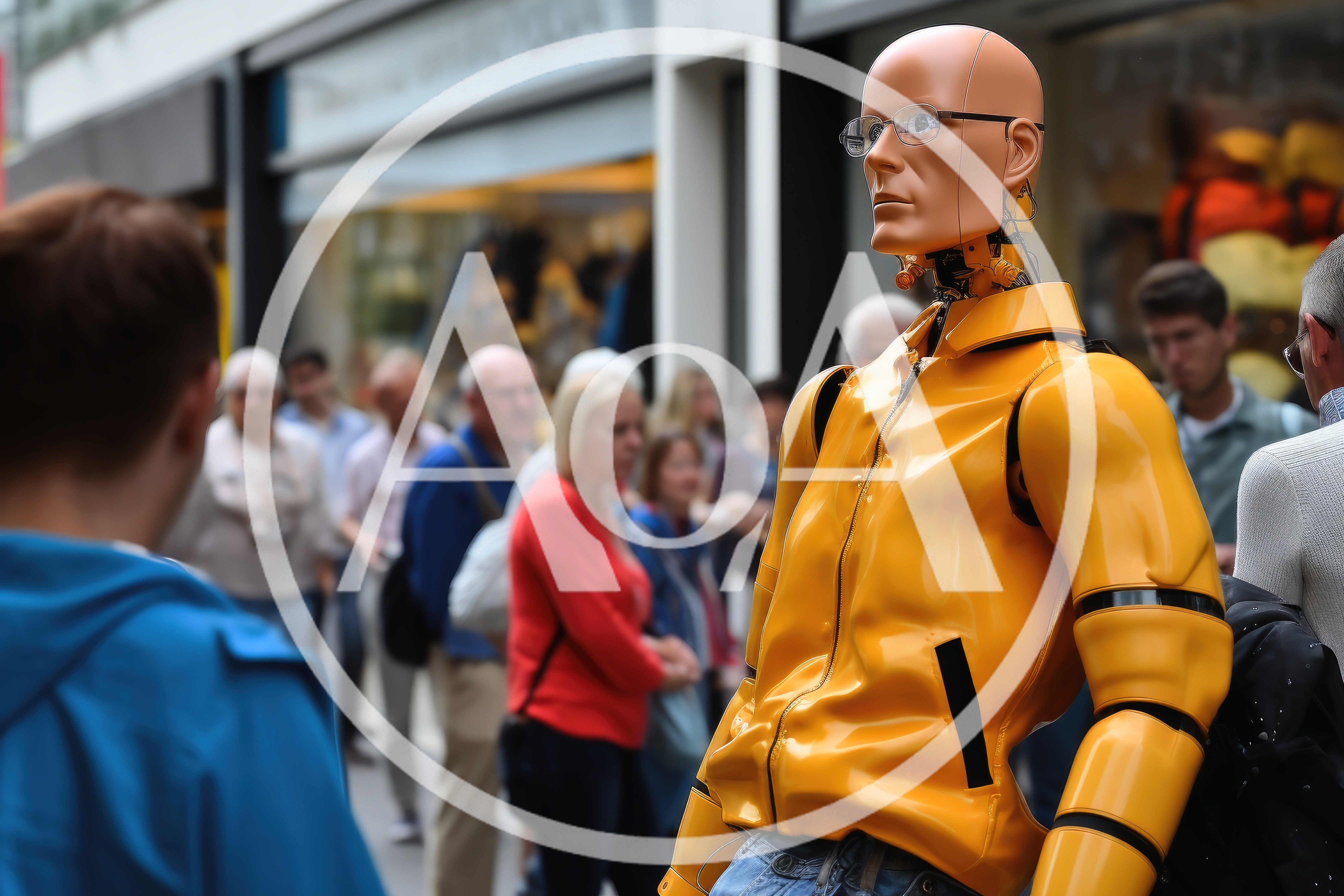 Humanoid Robot Wearing Glasses Standing In A Crowded Street