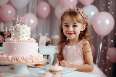 Little Girl Celebrating Birthday With Cake And Balloons