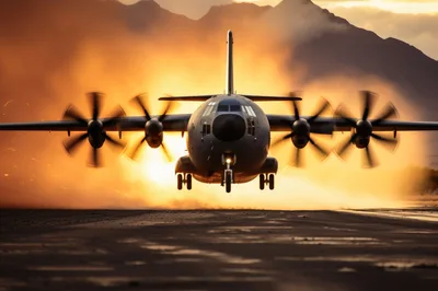 Military Transport Aircraft Taking Off At Sunset