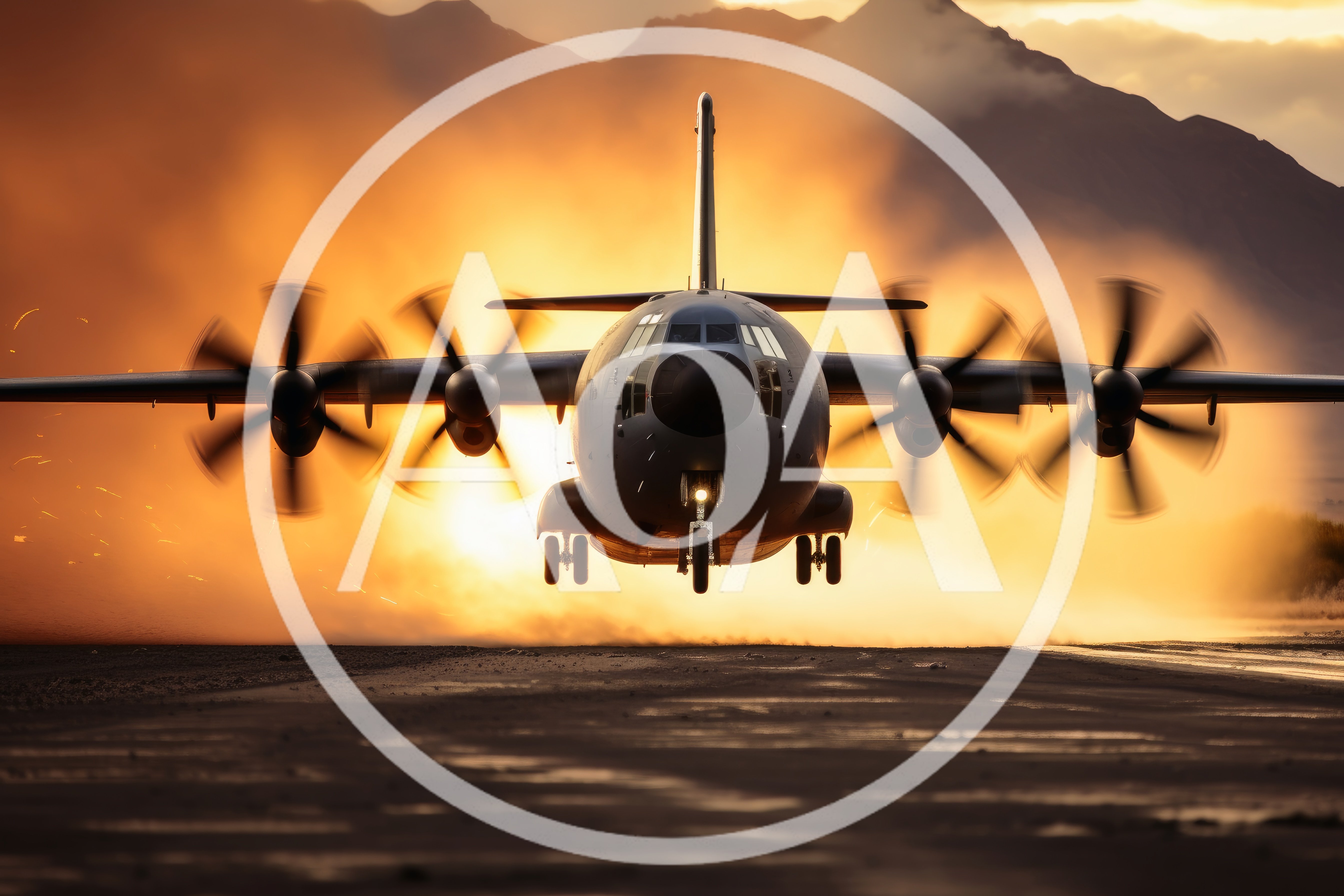 Military Transport Aircraft Taking Off At Sunset