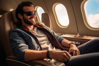 Smiling Man Relaxing in First Class Airplane Seat