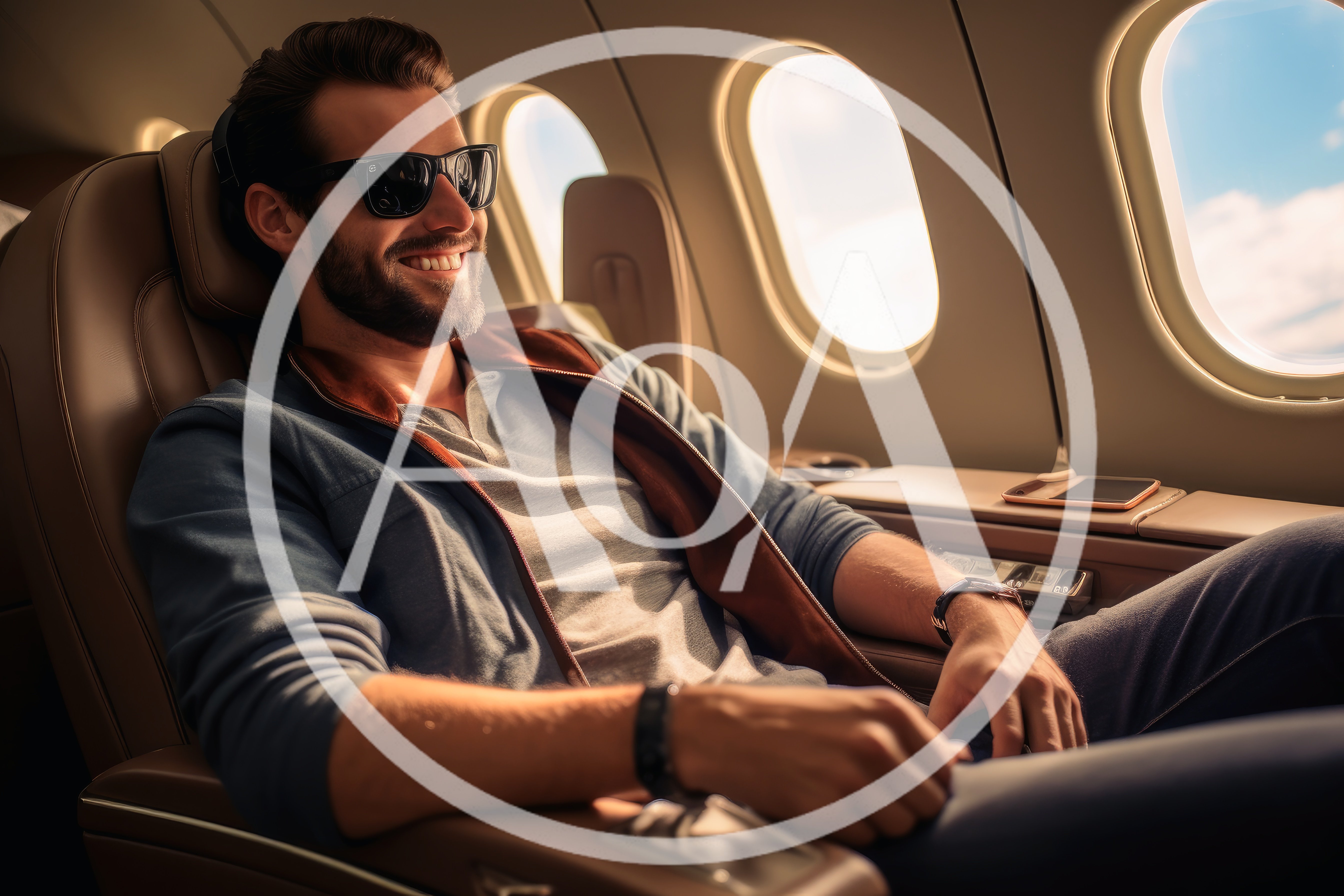 Smiling Man Relaxing in First Class Airplane Seat