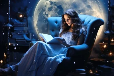 Young Woman Reading Book In Armchair Under Full Moon